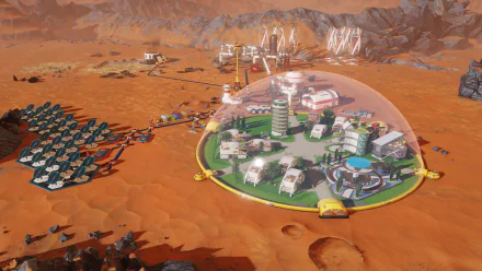 HD wallpaper of Surviving Mars game, featuring a Martian colony with a dome, solar panels, and a rugged Mars landscape.