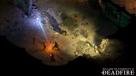 HD desktop wallpaper of Pillars of Eternity II: Deadfire, featuring characters exploring a dimly lit cavernous environment.