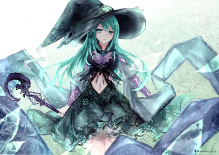 HD desktop wallpaper featuring Natsumi from the anime Date A Live, depicted in intricate, magical attire with long green hair and a large witch's hat against a mystical background.