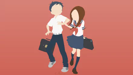 HD anime desktop wallpaper featuring Nishikata and Takagi from Teasing Master Takagi-san in school uniforms against a gradient red background.
