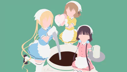 HD anime desktop wallpaper featuring Mafuyu Hoshikawa, Maika Sakuranomiya, and Kaho Hinata from Blend S in maid outfits around a coffee cup.