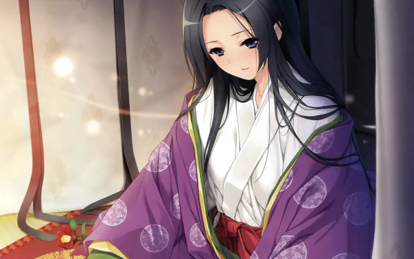 blush flower miko outfit blue eyes black hair long hair Anime Original HD Desktop Wallpaper | Background Image