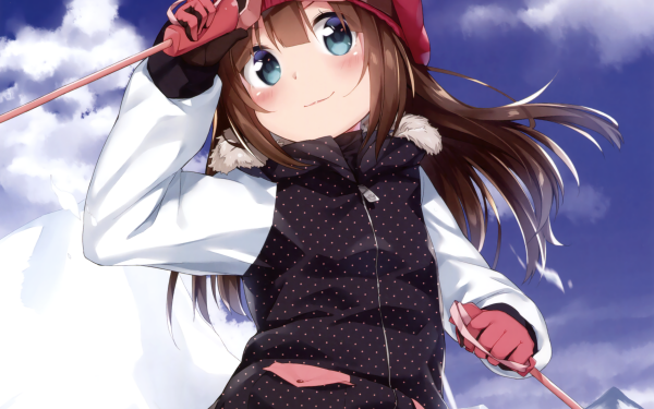 Anime Original Hat Goggles Glove Smile Blue Eyes Long Hair Brown Hair Blush Ski HD Wallpaper | Background Image
