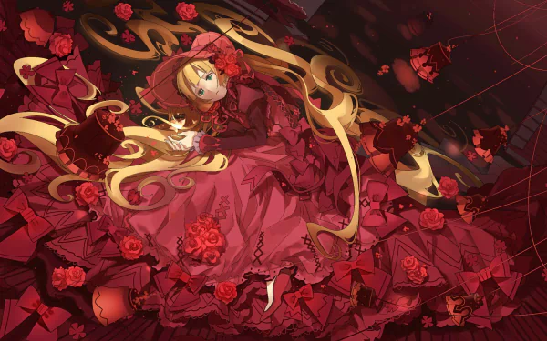 Victorique de Blois from the anime Gosick, surrounded by red roses and intricate patterns, in a detailed HD PC desktop wallpaper and background.