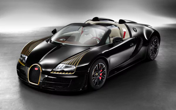 Black Bugatti Veyron 16.4 Grand Sport Vitesse supercar showcased in 4K Ultra HD desktop wallpaper, highlighting its sleek design and luxury vehicle status.
