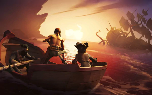 HD Sea Of Thieves wallpaper featuring pirates in a rowboat with a sunken ship in the background at sunset.