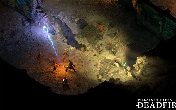 HD desktop wallpaper of Pillars of Eternity II: Deadfire, featuring characters exploring a dimly lit cavernous environment.