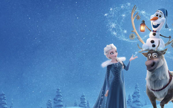 HD desktop wallpaper from Olaf's Frozen Adventure featuring Elsa, Olaf, and Sven in a snowy landscape.