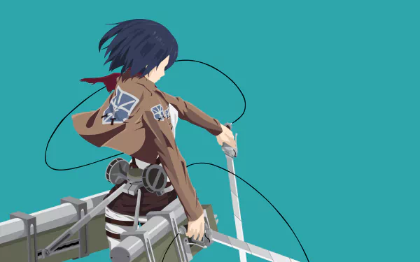 Mikasa Ackerman from Attack on Titan poised with swords, rendered in sharp detail as a 4K Ultra HD anime desktop wallpaper against a teal background.