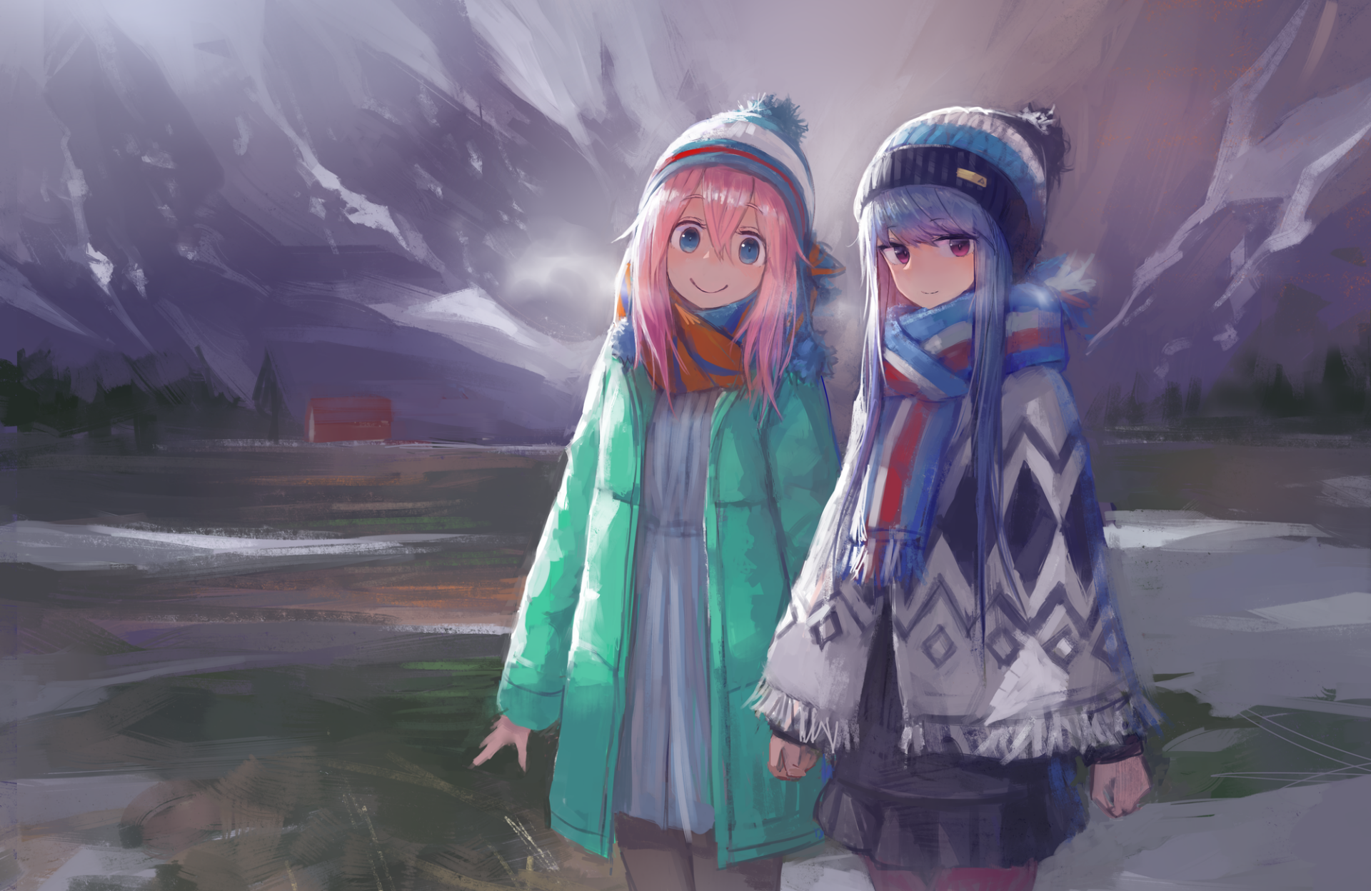 HD wallpaper featuring Rin Shima and Nadeshiko Kagamihara from Laid-Back Camp, standing outdoors in winter attire with a snowy mountain background.