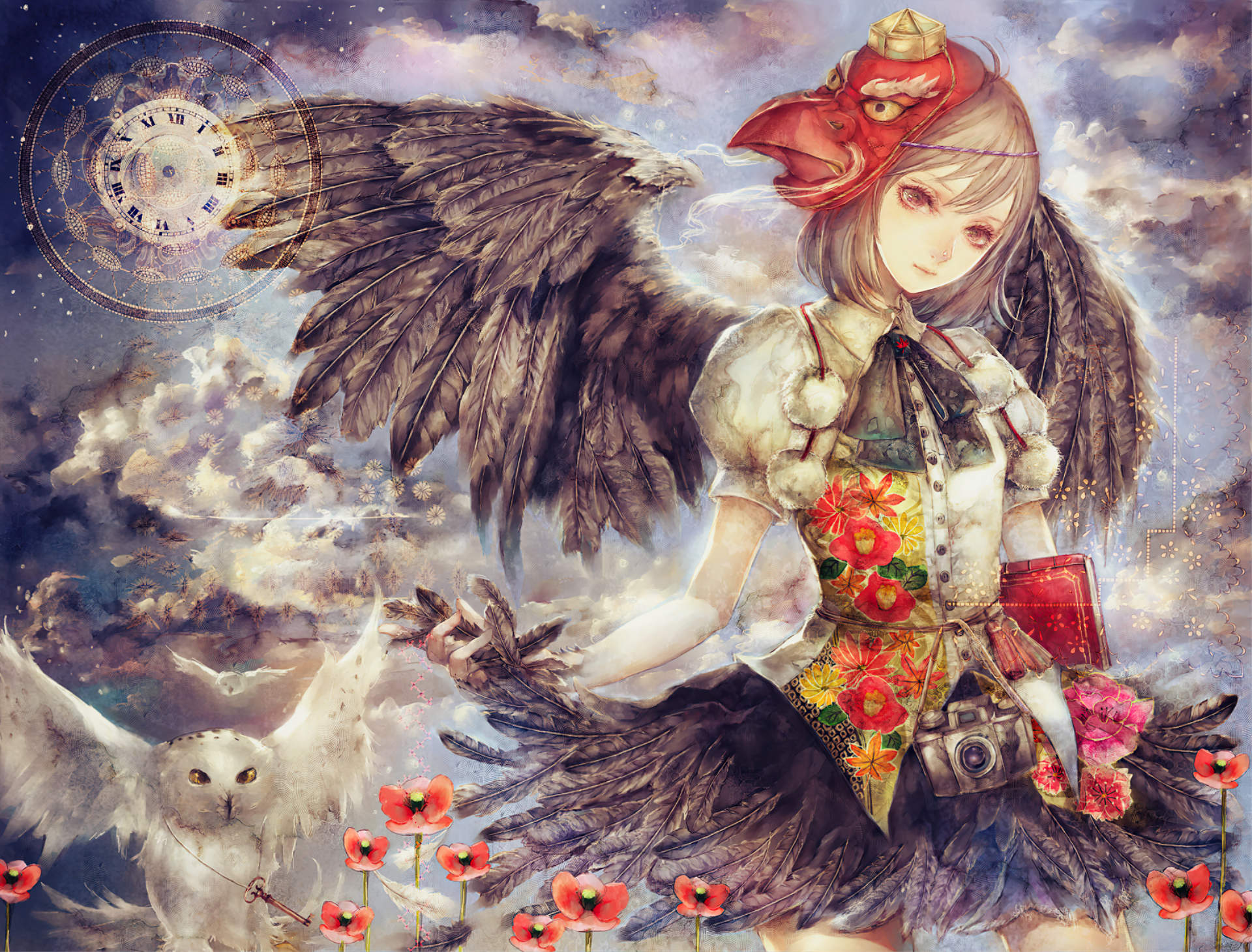 HD desktop wallpaper featuring Aya Shameimaru from the anime Touhou. The artwork showcases Aya with dark wings and an intricate outfit, set against a cloudy sky with a white owl and red flowers.