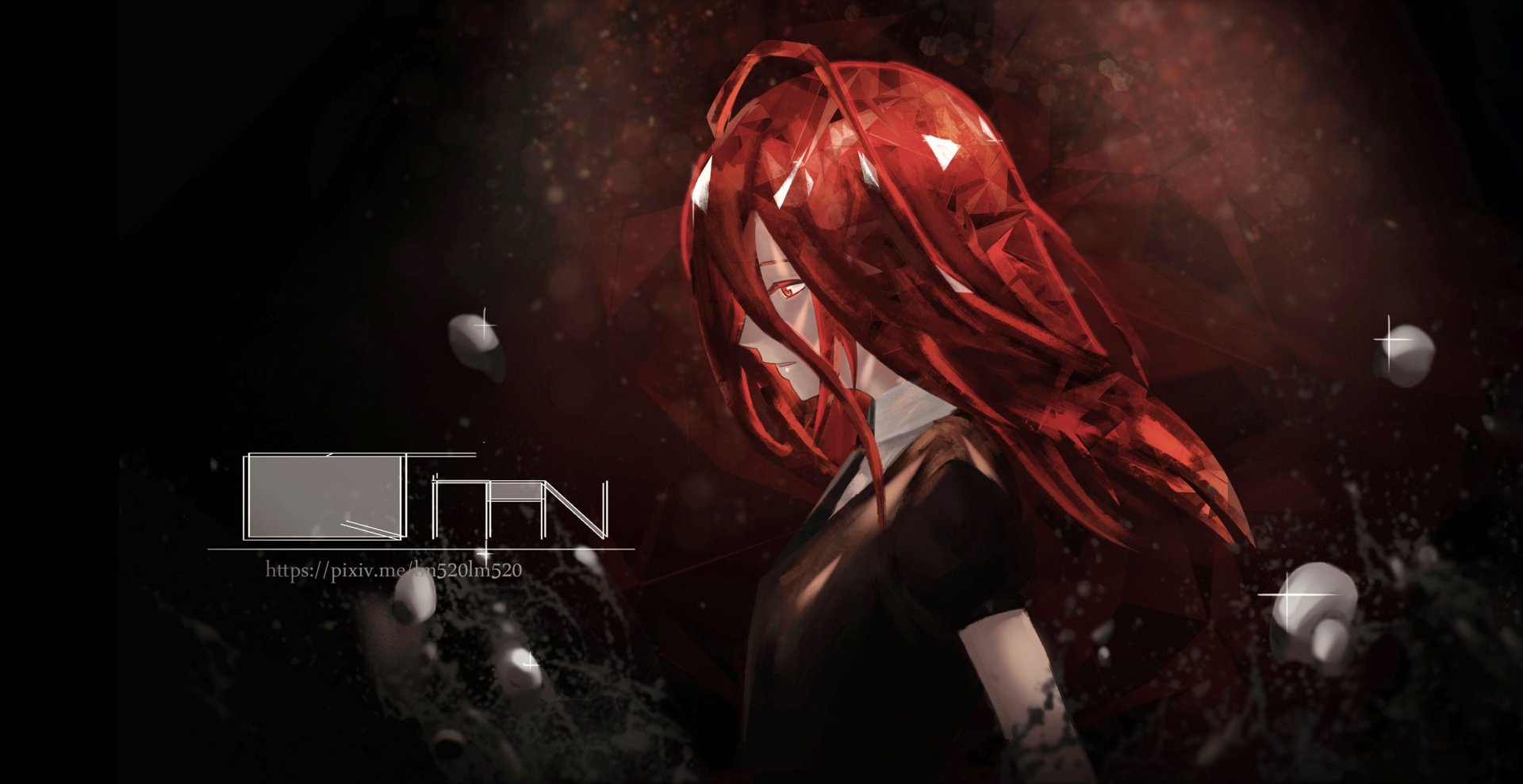 HD anime desktop wallpaper featuring Cinnabar from Land of the Lustrous, showcasing vibrant red hair and a dark, atmospheric background.