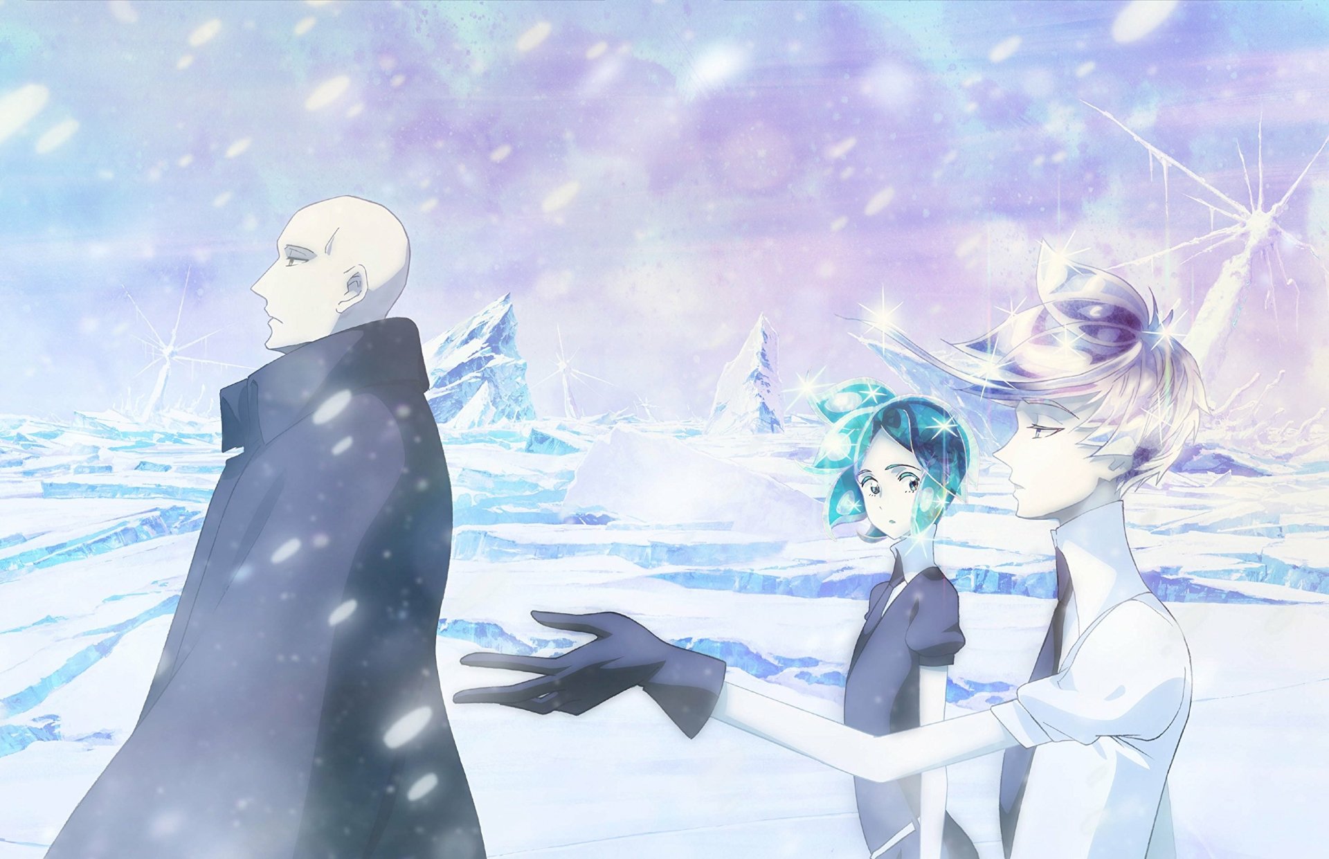 HD anime wallpaper featuring Phosphophyllite, Antarcticite, and Kongo from Land of the Lustrous in a snowy, icy landscape.