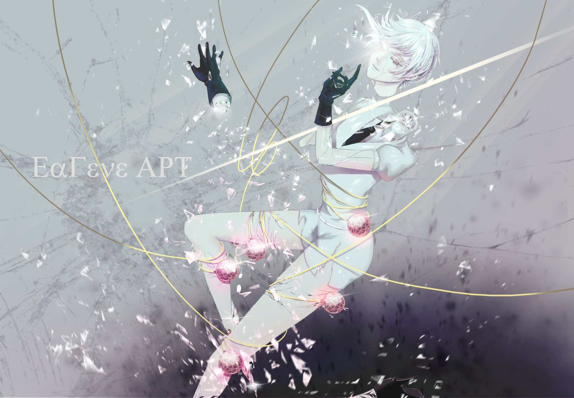 Antarcticite (Land of the Lustrous) — ethereal anime figure suspended amid floating crystal petals and gold threads on a muted gray-blue textured HD PC desktop wallpaper background.