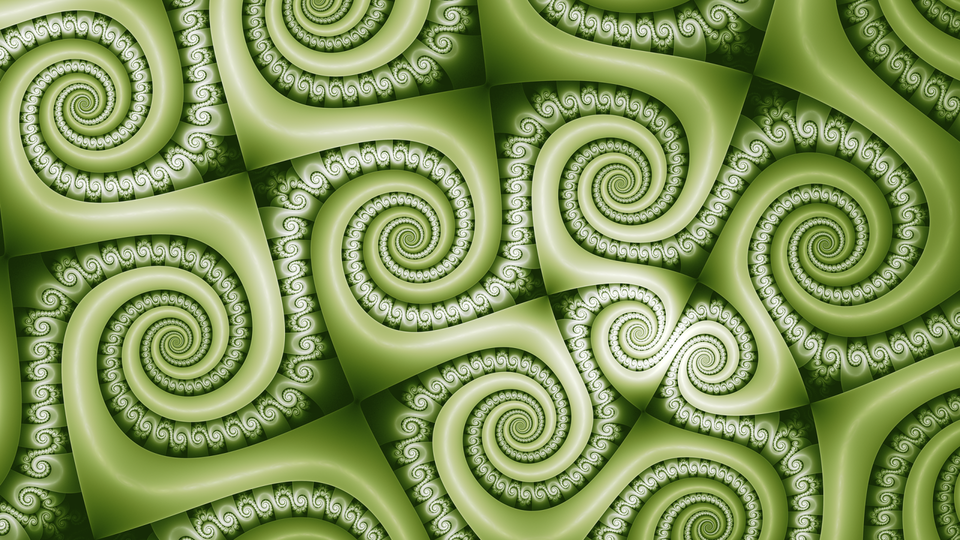 Abstract green fractal pattern featuring intricate spiral shapes in a seamless design, presented as an HD PC desktop wallpaper and background.