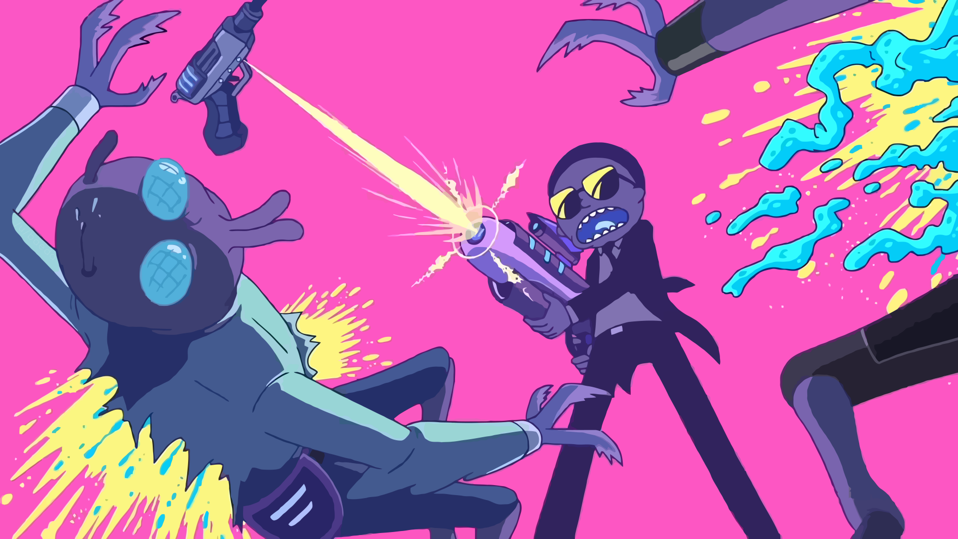 Animated scene featuring Morty Smith from the TV show Rick and Morty, partnered with elements from Run the Jewels, in a dynamic combat pose against pink background. HD desktop wallpaper.