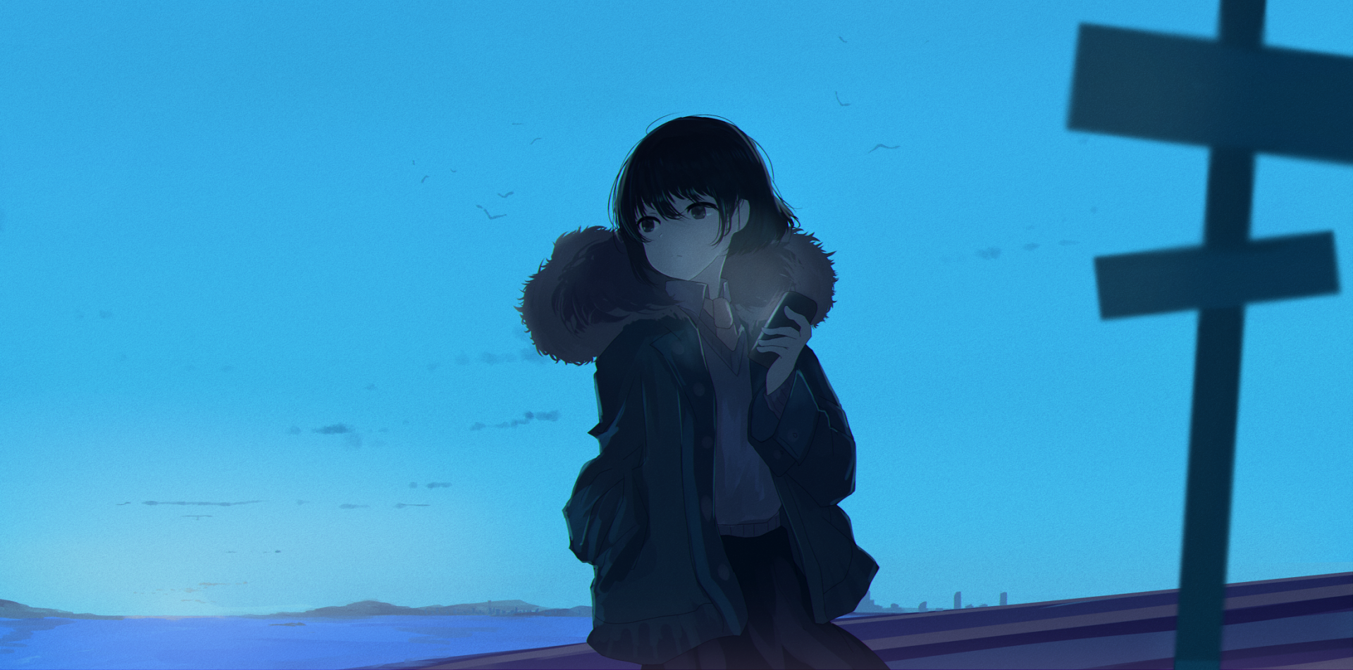 Anime-style girl in a jacket with a fur-lined hood, holding a glowing device against a serene blue sky and distant horizon. HD desktop wallpaper and background, tagged as Anime, Original.