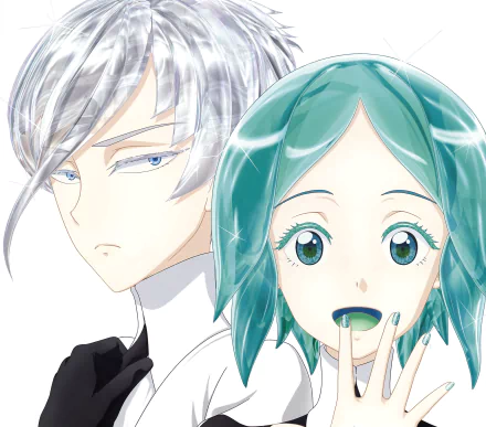 Anime-style 4K Ultra HD wallpaper featuring Phosphophyllite and Antarcticite from Land of the Lustrous, showcasing detailed expressions and vibrant colors.