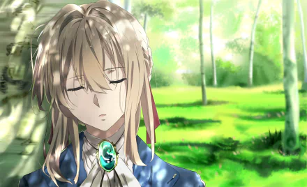 A serene HD wallpaper featuring Violet Evergarden from the anime Violet Evergarden, with closed eyes, standing peacefully in a sunlit forest background.