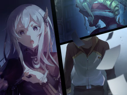 HD desktop wallpaper featuring Beatrice, Echidna, and Subaru Natsuki from Re:Zero - Starting Life in Another World, presented in a split-panel style with dynamic and expressive visuals.