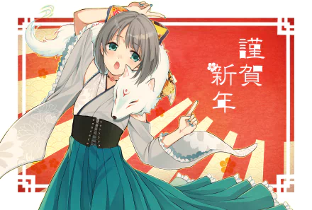 Anime original HD PC desktop wallpaper: gray-haired girl in a kimono with a fox mask and white fox draped over her shoulders against a red New Year background.