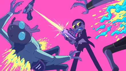 Animated scene featuring Morty Smith from the TV show Rick and Morty, partnered with elements from Run the Jewels, in a dynamic combat pose against pink background. HD desktop wallpaper.