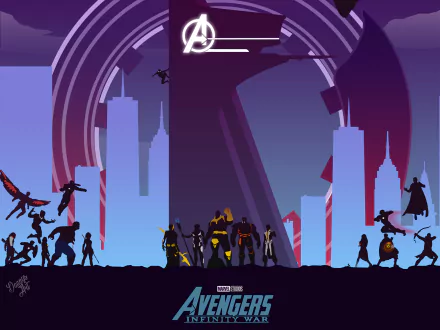 HD desktop wallpaper featuring the Avengers: Infinity War movie, showcasing stylized silhouettes of characters against a cityscape background with the Avengers logo.
