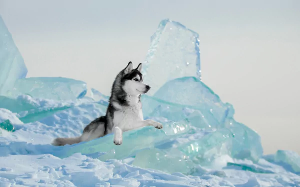 HD desktop wallpaper featuring a Siberian Husky resting on ice amidst large blue ice formations in a cold, snowy landscape.