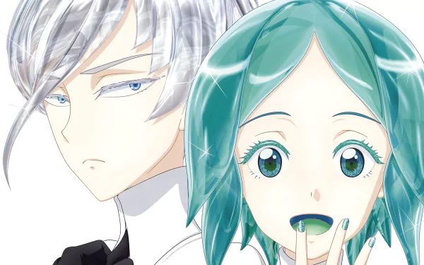 Anime-style 4K Ultra HD wallpaper featuring Phosphophyllite and Antarcticite from Land of the Lustrous, showcasing detailed expressions and vibrant colors.