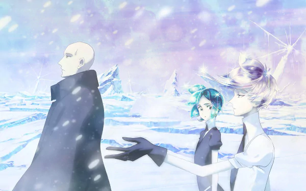 HD anime wallpaper featuring Phosphophyllite, Antarcticite, and Kongo from Land of the Lustrous in a snowy, icy landscape.