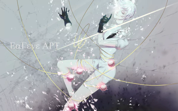 Antarcticite (Land of the Lustrous) — ethereal anime figure suspended amid floating crystal petals and gold threads on a muted gray-blue textured HD PC desktop wallpaper background.