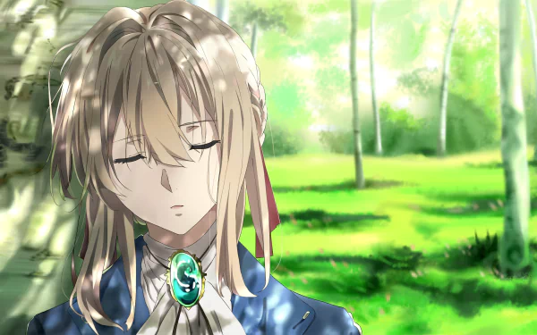 A serene HD wallpaper featuring Violet Evergarden from the anime Violet Evergarden, with closed eyes, standing peacefully in a sunlit forest background.
