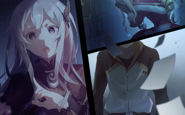 HD desktop wallpaper featuring Beatrice, Echidna, and Subaru Natsuki from Re:Zero - Starting Life in Another World, presented in a split-panel style with dynamic and expressive visuals.