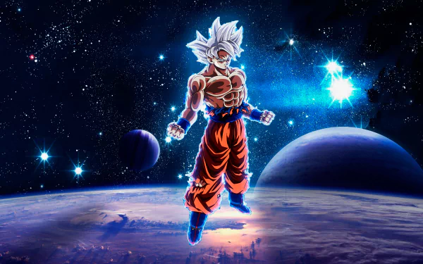 HD wallpaper of Goku in Ultra Instinct form from Dragon Ball Super, standing powerfully in space with planets and stars in the background.