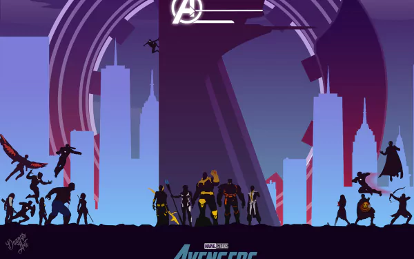 HD desktop wallpaper featuring the Avengers: Infinity War movie, showcasing stylized silhouettes of characters against a cityscape background with the Avengers logo.