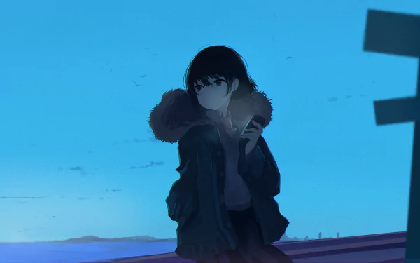 Anime-style girl in a jacket with a fur-lined hood, holding a glowing device against a serene blue sky and distant horizon. HD desktop wallpaper and background, tagged as Anime, Original.