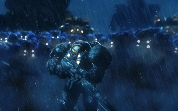 Jim Raynor, a warrior from Starcraft, stands armed in heavy armor amid rain with a squad behind him in this 4K Ultra HD PC desktop wallpaper.
