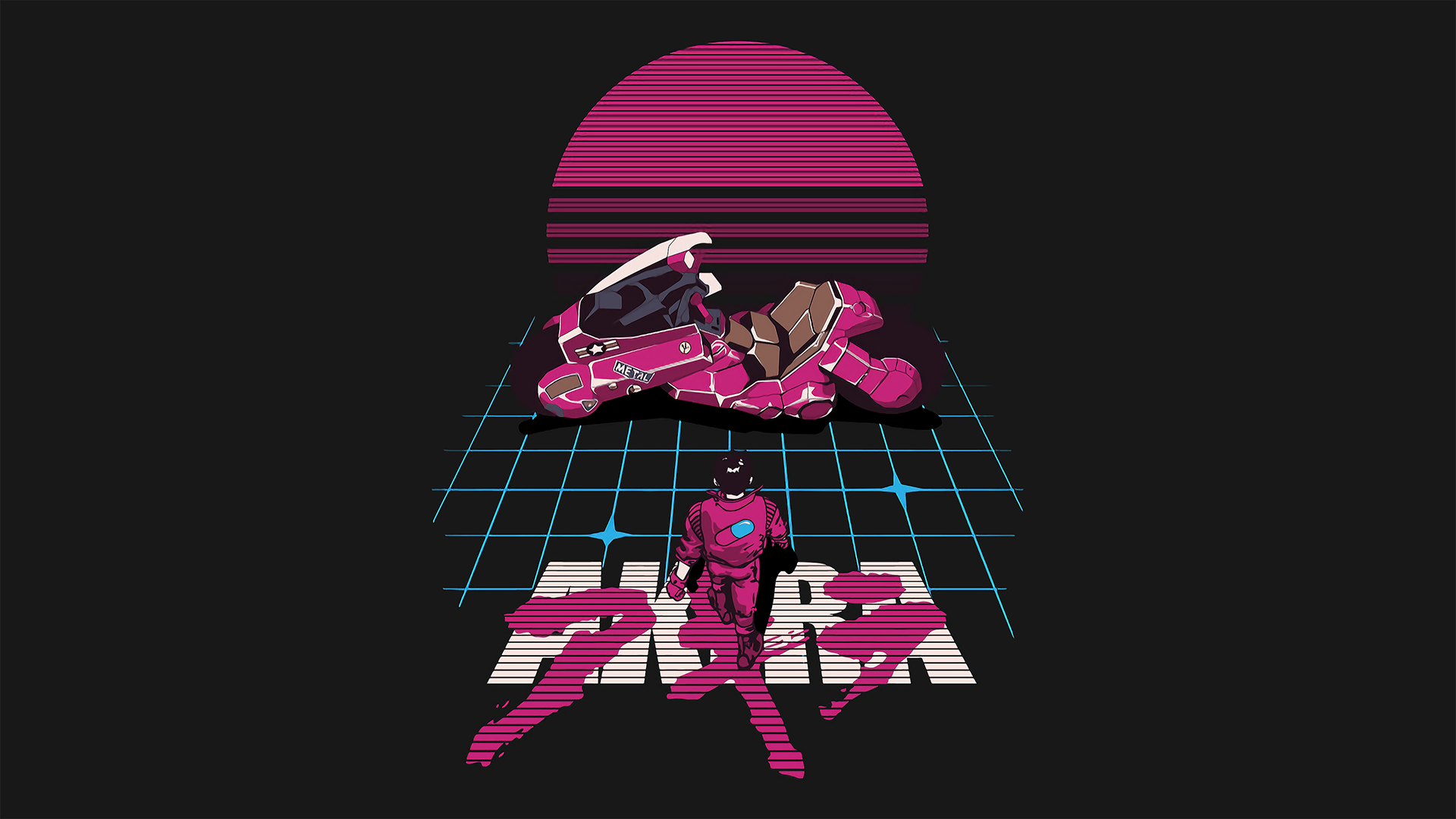 HD desktop wallpaper featuring Shotaro Kaneda from the anime Akira alongside his neon motorcycle, set against a retro grid background with a stylized pink sunset.