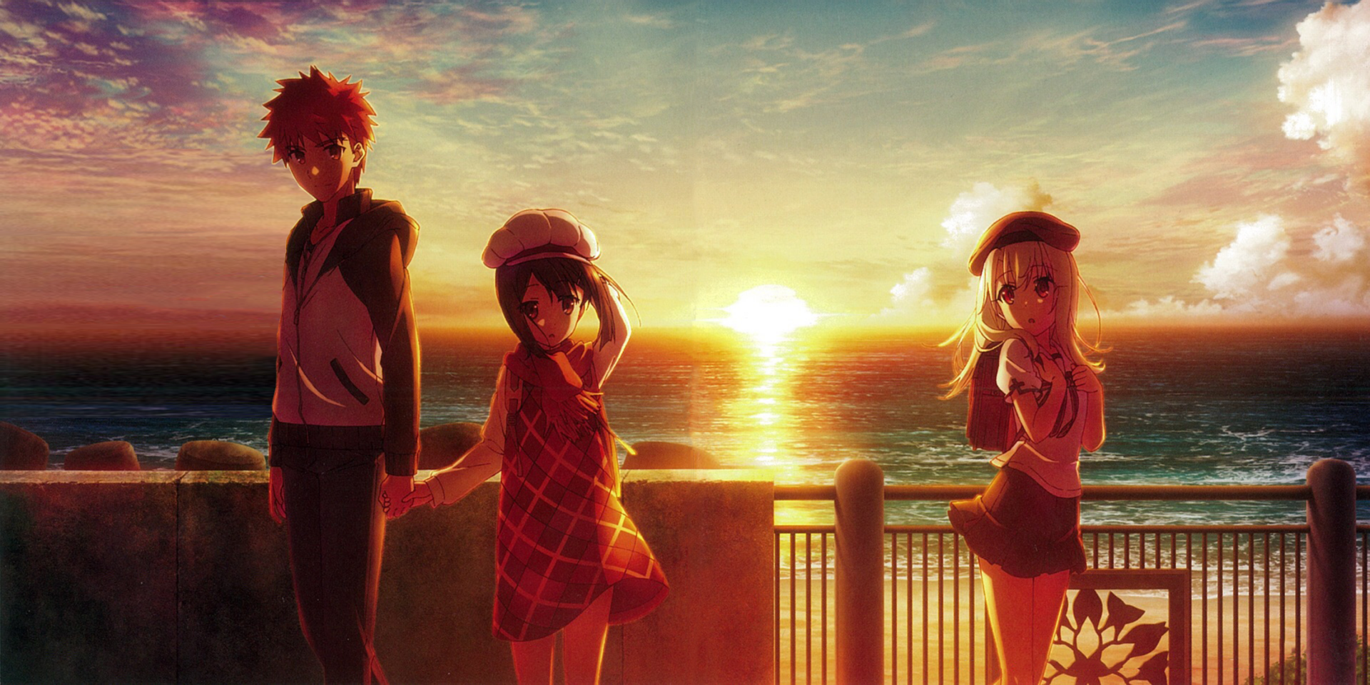 HD anime desktop wallpaper featuring Miyu Edelfelt, Illyasviel Von Einzbern, and Shirou Emiya from Fate/kaleid liner Prisma Illya at a sunset seaside railing.
