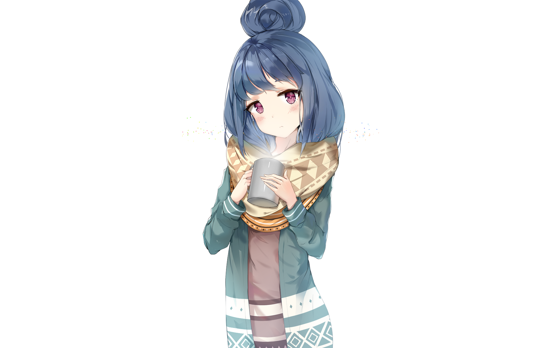 HD PC desktop wallpaper featuring Rin Shima from the anime Laid-Back Camp, holding a cup and wearing a cozy scarf and winter outfit.