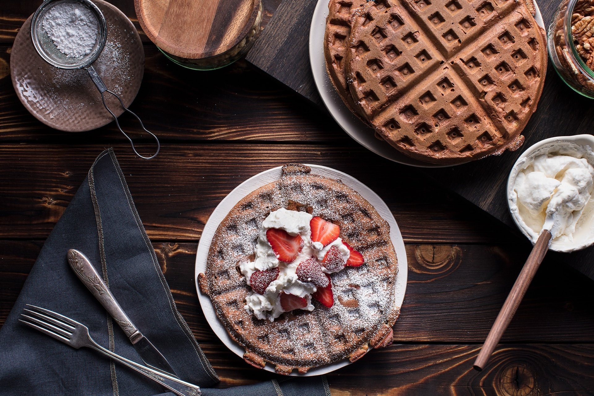 Download Breakfast Strawberry Cream Still Life Food Waffle HD Wallpaper