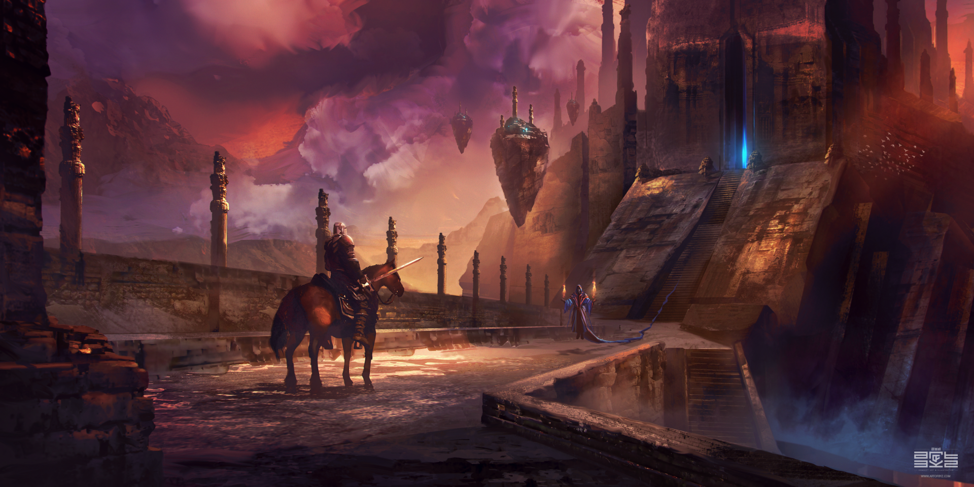 A majestic floating island looms above a warrior on horseback, with a wizard by his side. This enchanting scene captures the essence of fantasy and magic in vivid detail.