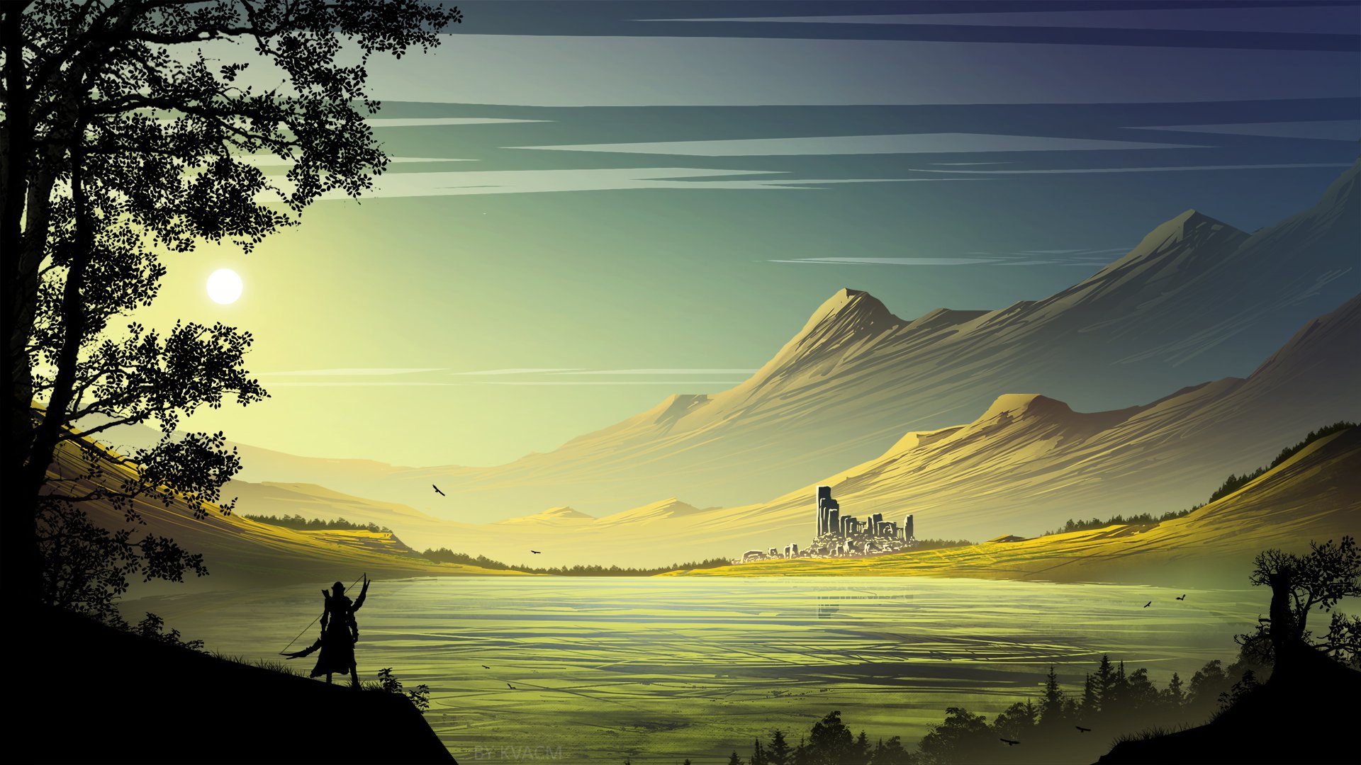 HD fantasy landscape wallpaper featuring a distant city by a lake, surrounded by mountains. An archer stands by a tree under a glowing sun, adding a heroic touch to the serene scene.