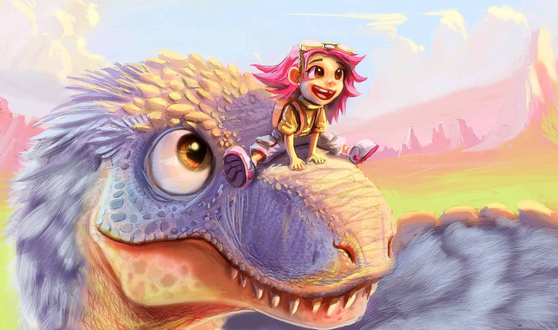 A little boy with pink hair joyfully rides on the head of a friendly dinosaur in a vibrant fantasy landscape, depicted in a high-definition PC desktop wallpaper style.