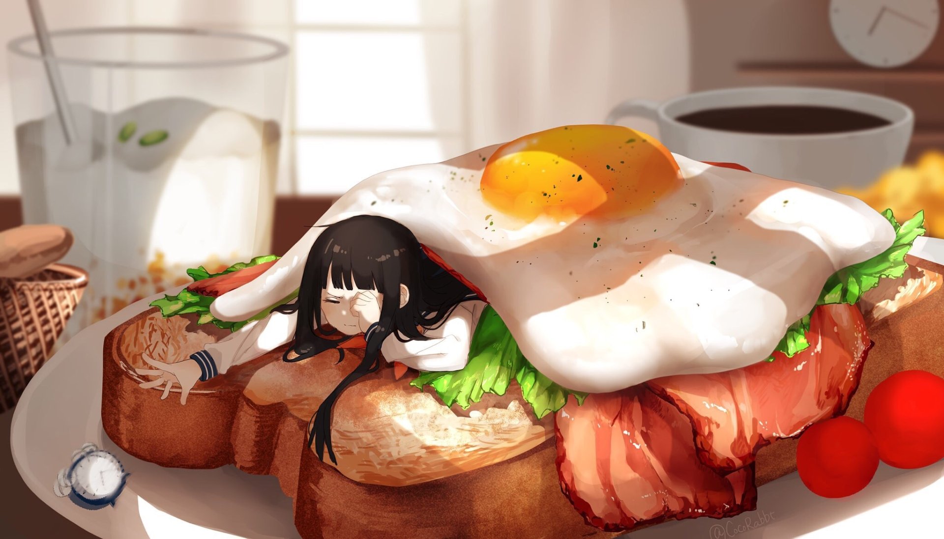Anime-style wallpaper featuring a girl resting on a breakfast sandwich with lettuce, bacon, and a sunny-side-up egg. The detailed HD artwork makes it a unique desktop background.
