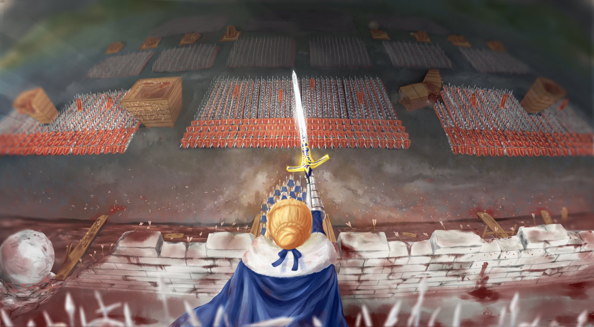 HD PC desktop wallpaper featuring Artoria Pendragon (Saber) from Fate/Grand Order, depicted in anime style wielding a glowing sword overlooking an army.