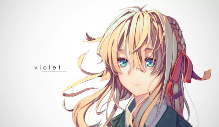 HD PC desktop wallpaper featuring Violet Evergarden, the anime character, with her flowing blonde hair and expressive blue eyes against a light background.
