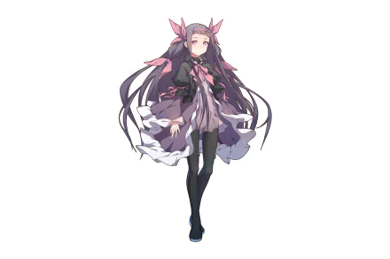 HD PC desktop wallpaper/background of an anime girl with long dark hair and pink accents, wearing a frilly purple dress and black stockings, walking forward on a clean white backdrop.