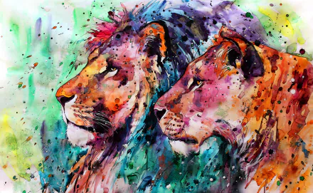 Vibrant watercolor painting of two lions in a colorful, artistic style, blending nature and bold colors for an HD PC desktop wallpaper background.