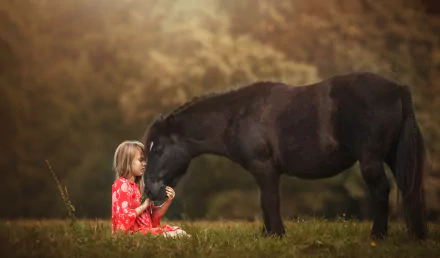 A blonde little girl in a red dress sits on grass, gently feeding a black horse in soft, warm light with a blurred natural background, captured with depth of field.